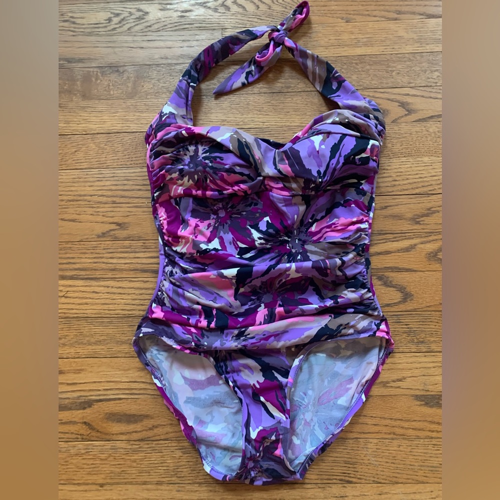 💗💜Women’s Upstream Pink & Purple Floral Halter Style Slimming Swimsuit Size 14